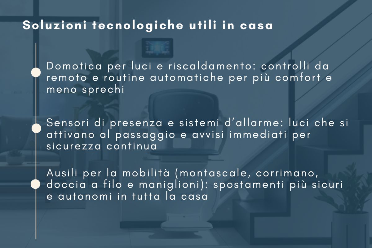 Elenco di soluzioni tecnologiche per la casa: domotica, sensori di sicurezza, montascale/corrimano e bagno accessibile