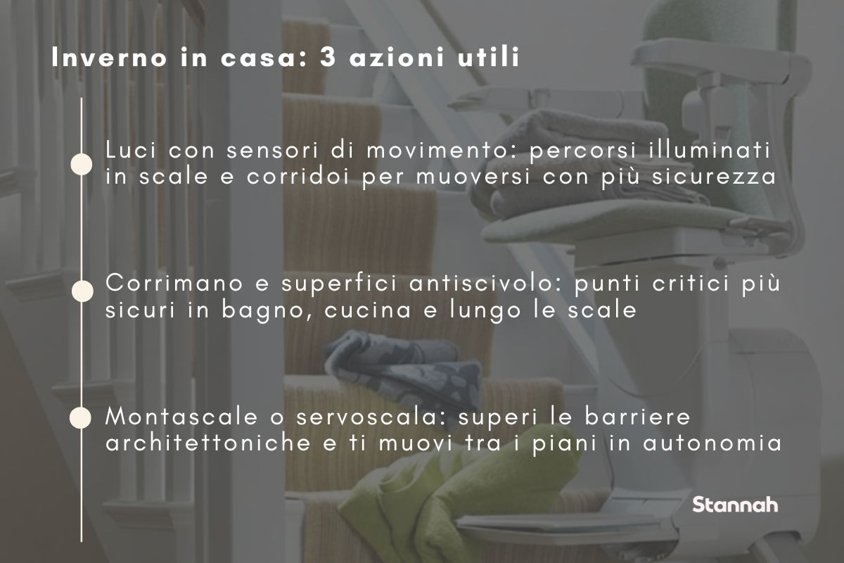 Tre azioni invernali per una casa più sicura: luci con sensori di movimento, corrimano e superfici antiscivolo, montascale per l’autonomia.