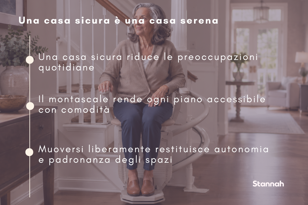 Donna over 65 utilizza un montascale Stannah in una casa sicura e accessibile.