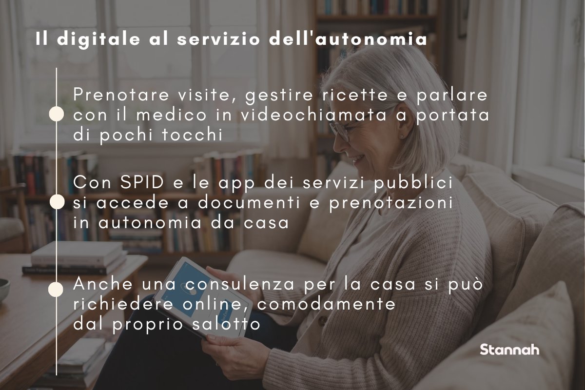 Donna over 65 prenota una consulenza online dal divano di casa con un tablet dall'interfaccia semplice