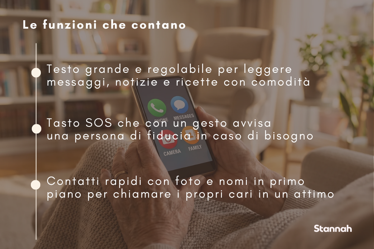Anziano usa uno smartphone con testo grande e contatti rapidi per restare in contatto con i propri cari